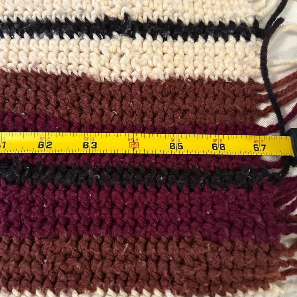 Vintage Crochet Brown Cream Stripe Handmade Blanket Throw Afghan with fringe